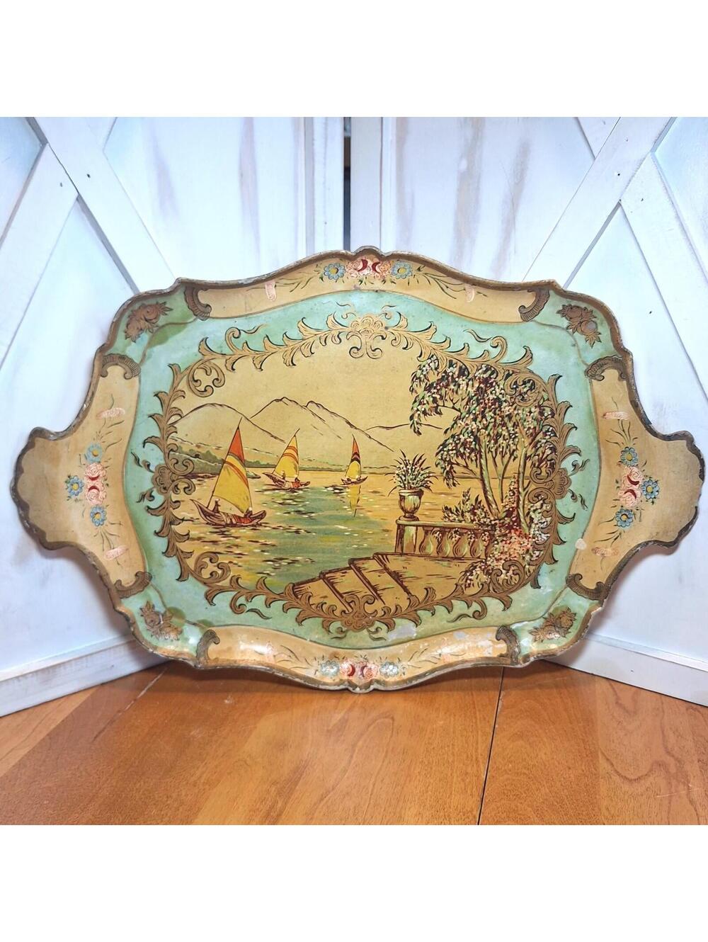 Japanese Lacquered Paper Mache Tray Tole Painted French Influence 12.75"H X 19"W